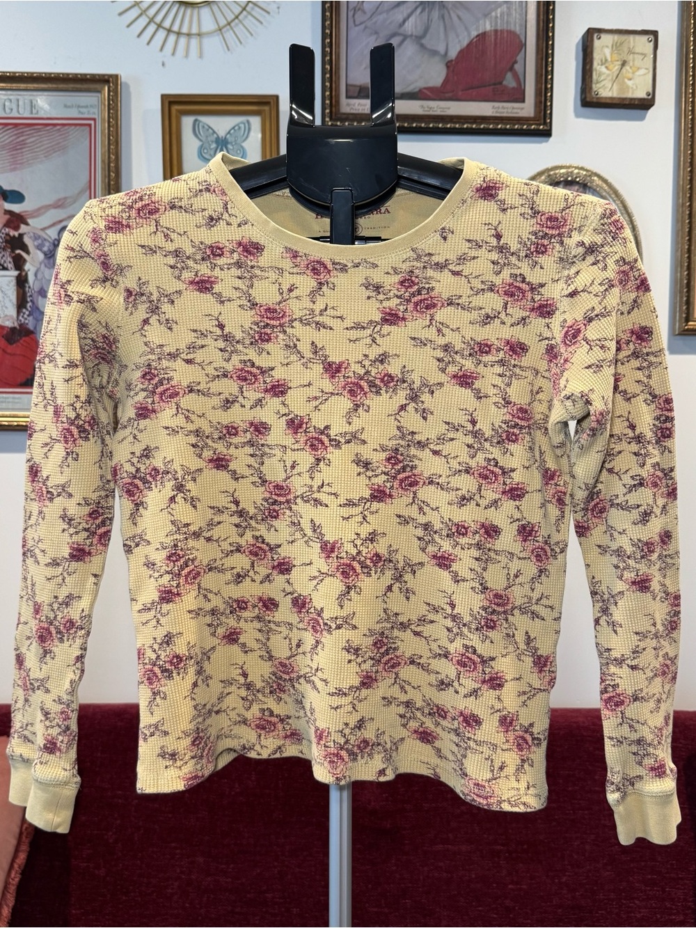 High Sierra Cream Waffle-Knit Cotton Top with Pink Rose Print